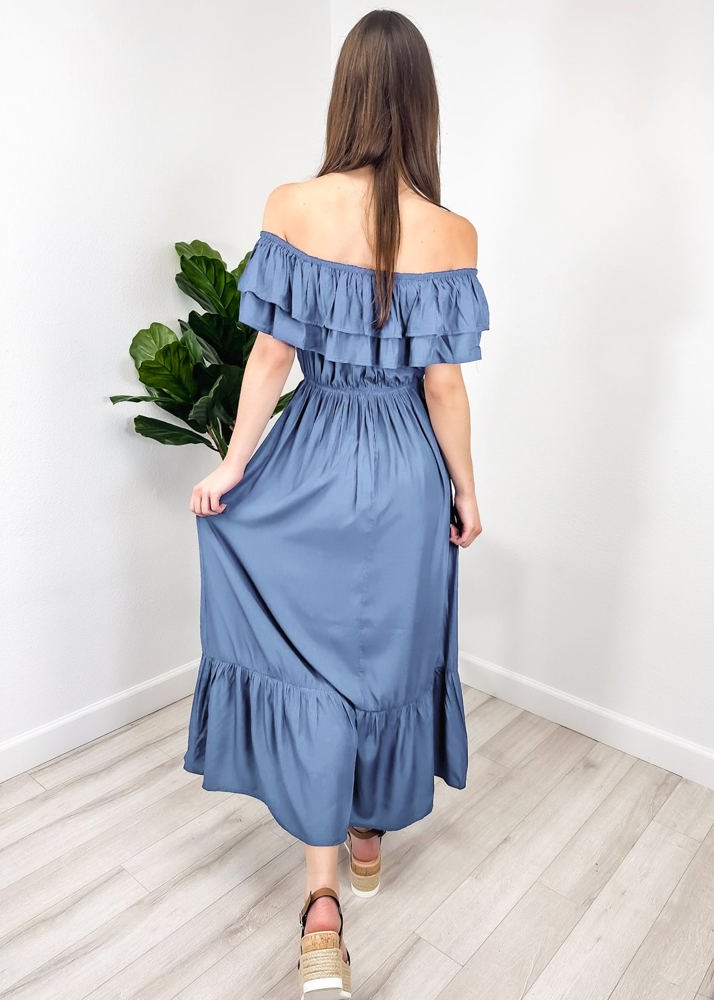 Off-Shoulder Ruffle Maxi Dress with Elastic Waistband