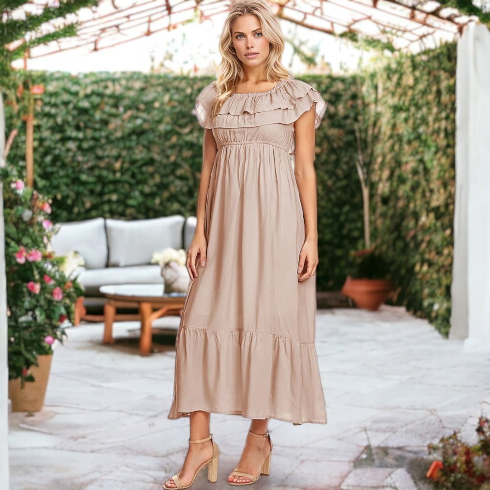 Off-Shoulder Ruffle Maxi Dress with Elastic Waistband