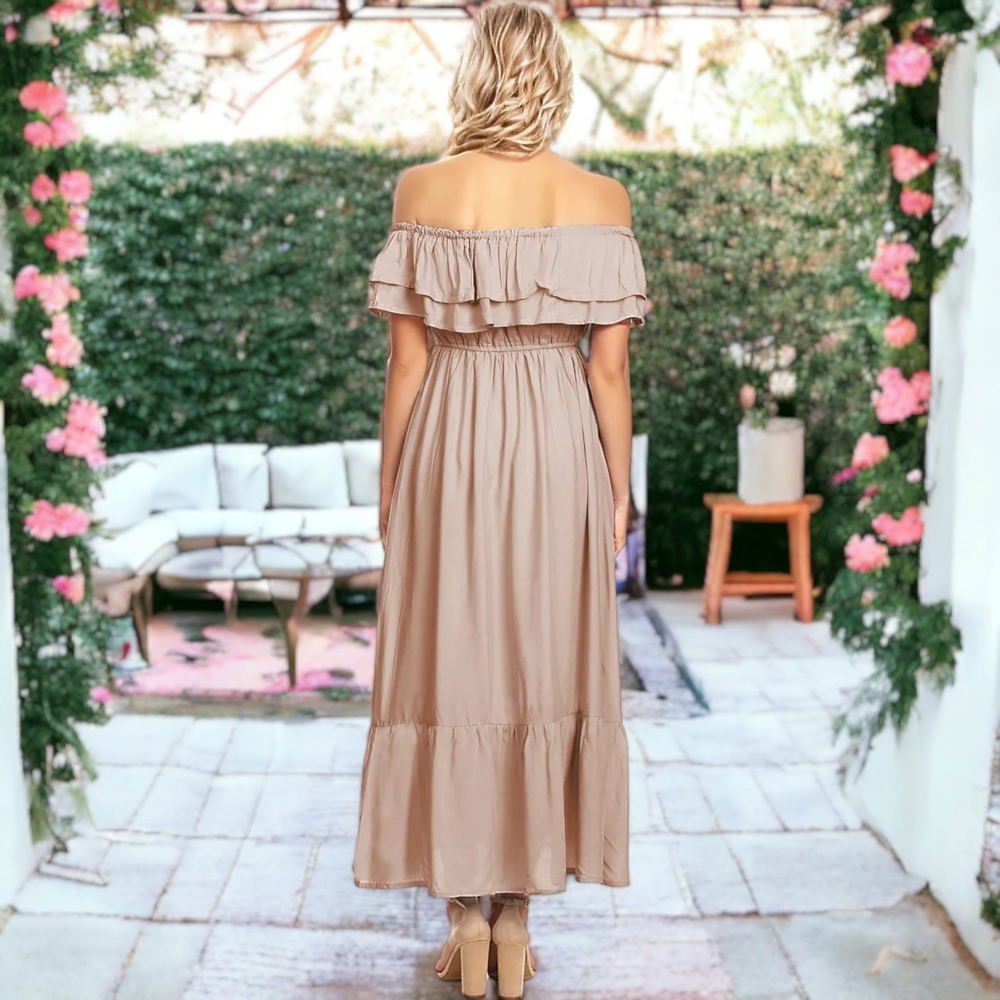 Off-Shoulder Ruffle Maxi Dress with Elastic Waistband