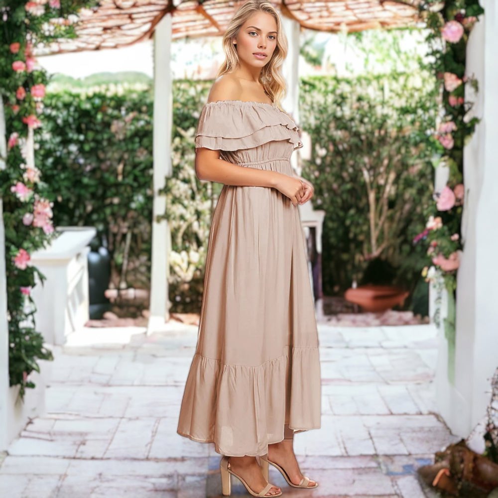 Off-Shoulder Ruffle Maxi Dress with Elastic Waistband