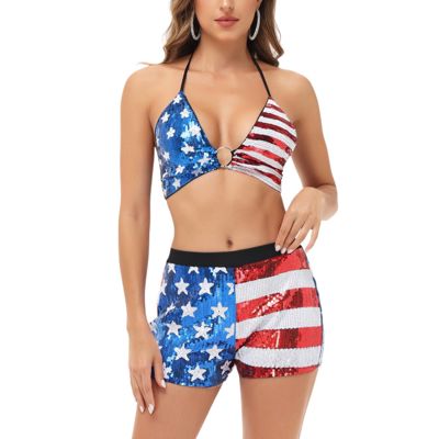 Women's Flag Sequin Halter Top and Shorts Set with Stars and Stripes Design