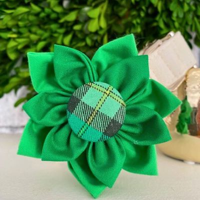 Dog Collar Fabric Flower Accessory Attachment - St Patrick's Day Plaid