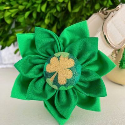 Dog Collar Fabric Flower Accessory Attachment - Gold Shamrock