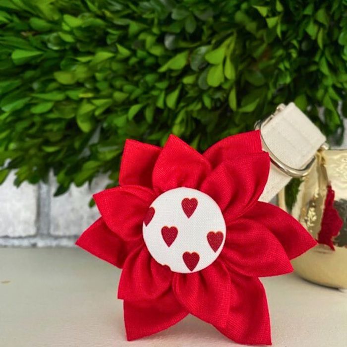 Dog Collar Fabric Flower Accessory Attachment - Red Hearts