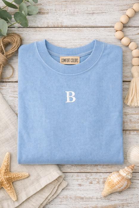 Single Initial Embroidered Tee | Comfort Colors Custom Monogram Shirt