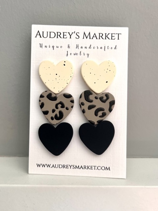 Heart Shaped Clay Everyday Stud Earrings - Cream, Leopard, and Black