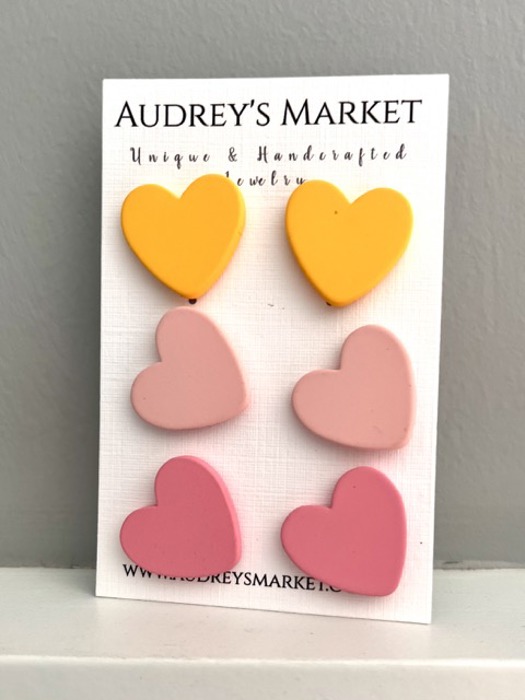 Heart Shaped Clay Everyday Stud Earrings - Pink & Yellow