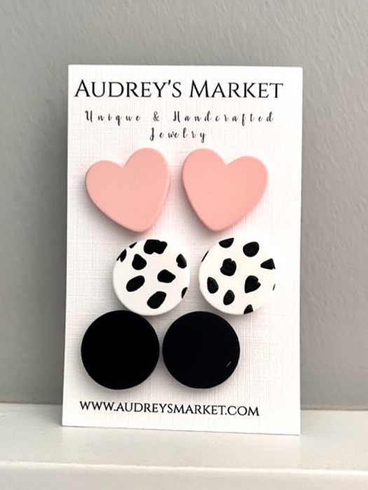 Everyday Heart Clay Stud Earrings - Pink, Polka Dot, and Black