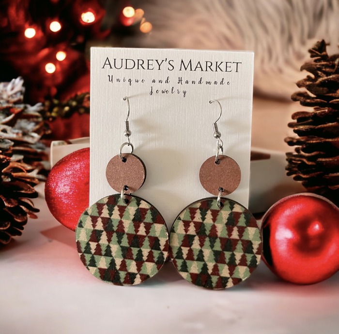 Wooden Dangle Drop Christmas Tree Earrings 