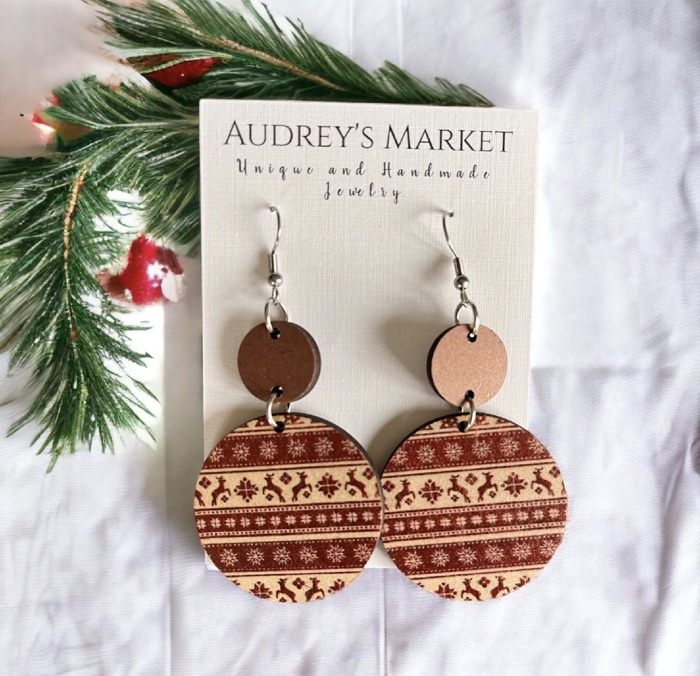 Wooden Christmas Reindeer Dangle Earrings 