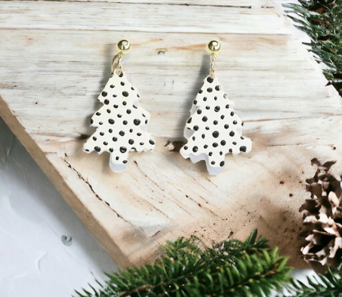 Soft Clay Black and White Polka Dot Christmas Tree Earrings