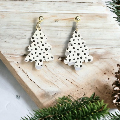 Soft Clay Black and White Polka Dot Christmas Tree Earrings