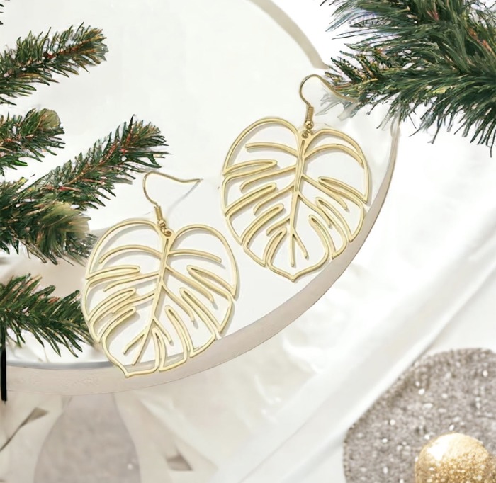 Gold Monstera Plant Lover Earrings 