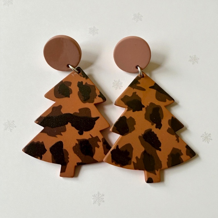 Boho Brown Leopard  Acrylic Christmas Tree Earrings