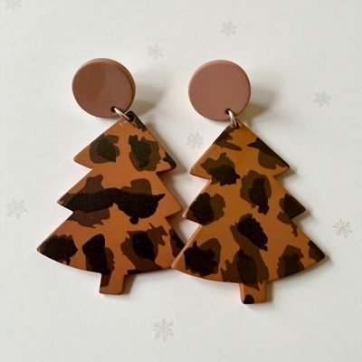 Boho Brown Leopard  Acrylic Christmas Tree Earrings