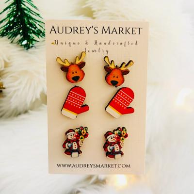 Set of 3 Christmas Tree Wooden Stud Earrings - Reindeer/Mittens/Snowman