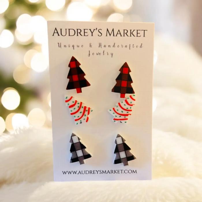 Set of 3 Christmas Tree Wooden Stud Earrings - Red/Black Buffalo/Mixed Tree