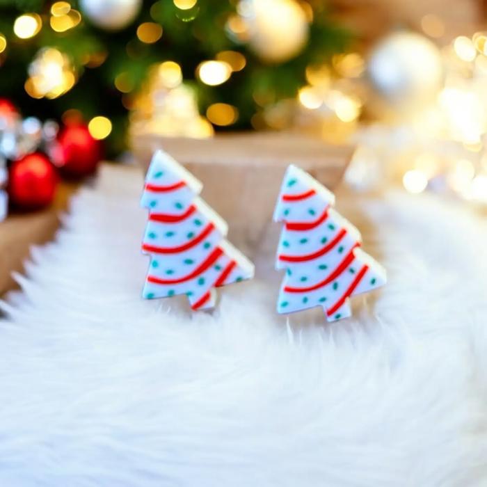 Set of 3 Christmas Tree Wooden Stud Earrings - Red/Black Buffalo/Mixed Tree