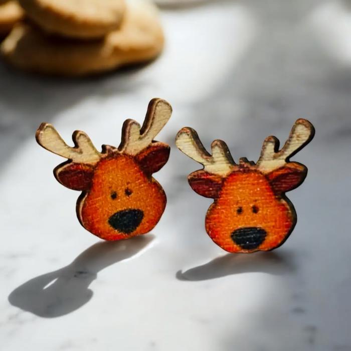 Set of 3 Christmas Tree Wooden Stud Earrings - Reindeer/Mittens/Snowman