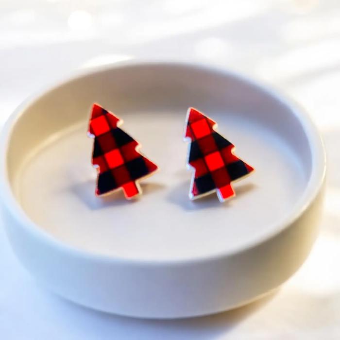 Set of 3 Christmas Tree Wooden Stud Earrings - Red/Black Buffalo/Mixed Tree
