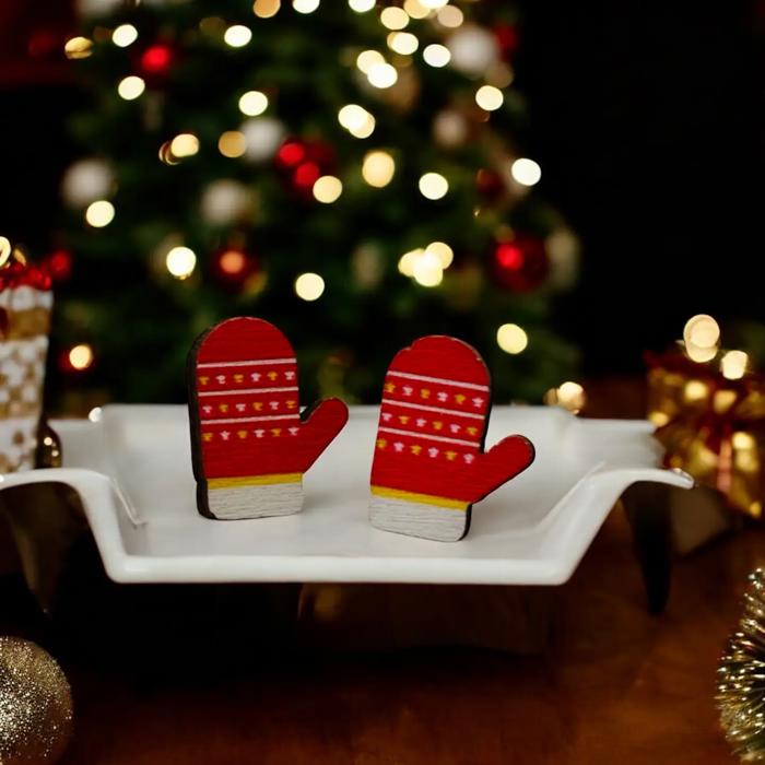 Set of 3 Christmas Tree Wooden Stud Earrings - Reindeer/Mittens/Snowman