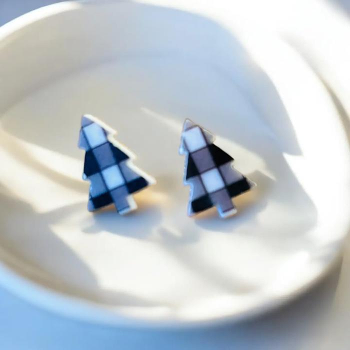Set of 3 Christmas Tree Wooden Stud Earrings - Red/Black Buffalo/Mixed Tree