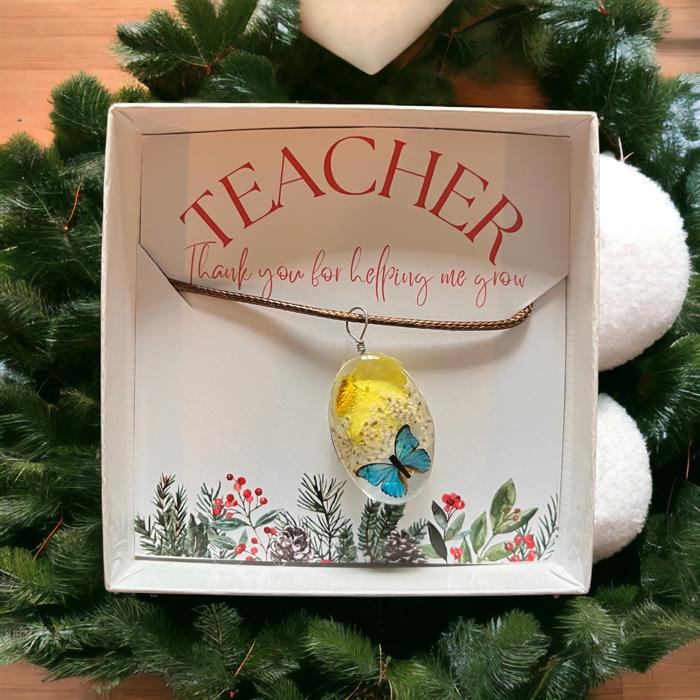 Teacher Christmas Present Pressed Flower Necklace Ready to Gift! FREE Gift Box!