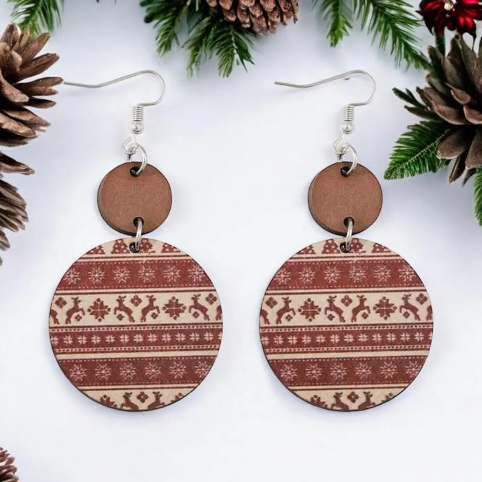 Wooden Christmas Reindeer Dangle Earrings 