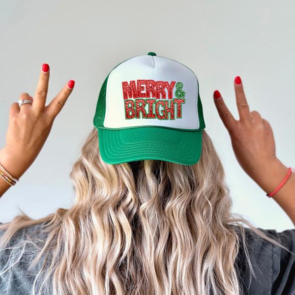 Christmas Trucker Hat, Merry and Bright, Green and White