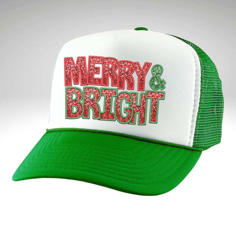 Christmas Trucker Hat, Merry and Bright, Green and White