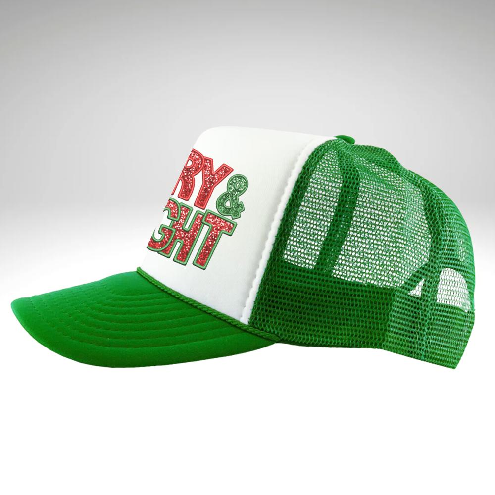 Christmas Trucker Hat, Merry and Bright, Green and White