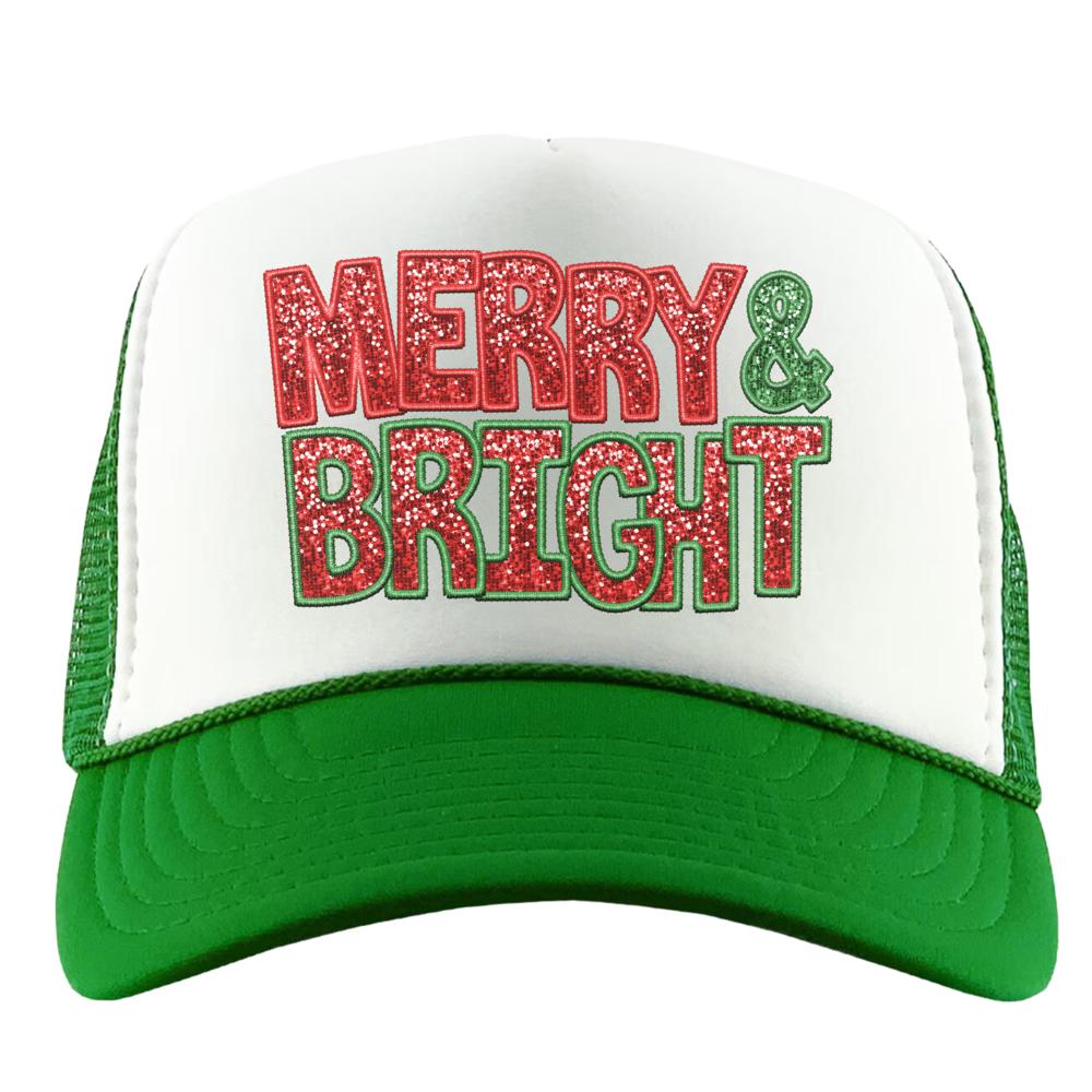 Christmas Trucker Hat, Merry and Bright, Green and White