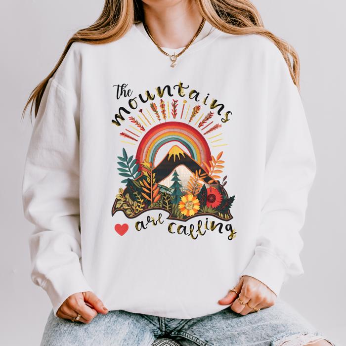 The Mountains are Calling White Sweatshirt, Faux Embroidery Retro Mountain Graphic 