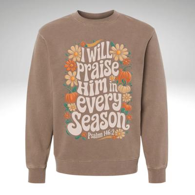 I Will Praise Him in Every Season Sweatshirt | Faith-Based Fall Crewneck | Christian Pumpkin Floral Graphic | Psalm 146:2 | Cozy Pigment Dyed Sweatshirt