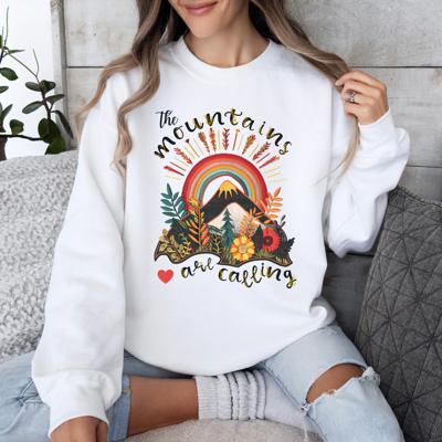 The Mountains are Calling White Sweatshirt, Faux Embroidery Retro Mountain Graphic 