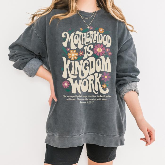 Motherhood is Kingdom Work, Pepper Gray Comfort Colors Sweatshirt, Retro Vibe Fall Sweatshirt