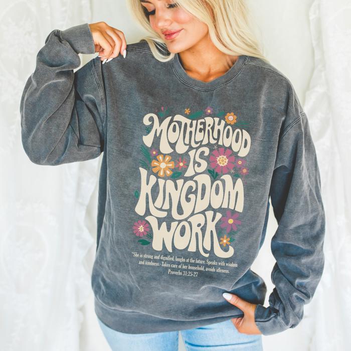 Motherhood is Kingdom Work, Pepper Gray Comfort Colors Sweatshirt, Retro Vibe Fall Sweatshirt