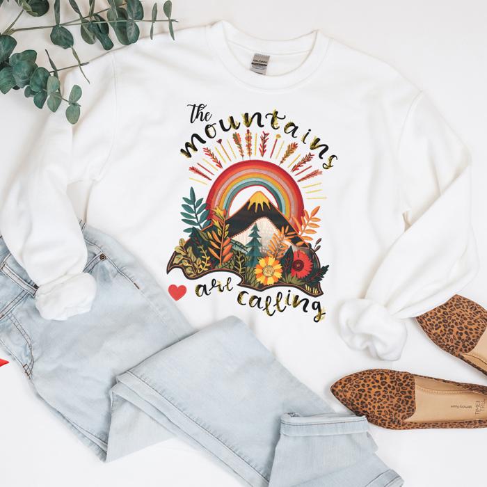 The Mountains are Calling White Sweatshirt, Faux Embroidery Retro Mountain Graphic 