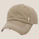 Khaki Ivory Mini Embroidered Cross Distressed Cap, Choose Hat Color