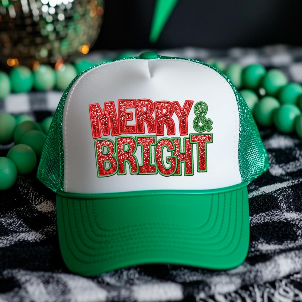 Christmas Trucker Hat, Merry and Bright, Green and White