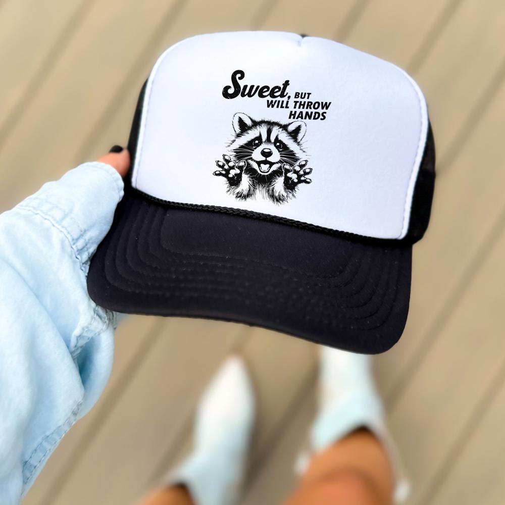 Sweet but Will Throw Hands Racoon Trucker Hat