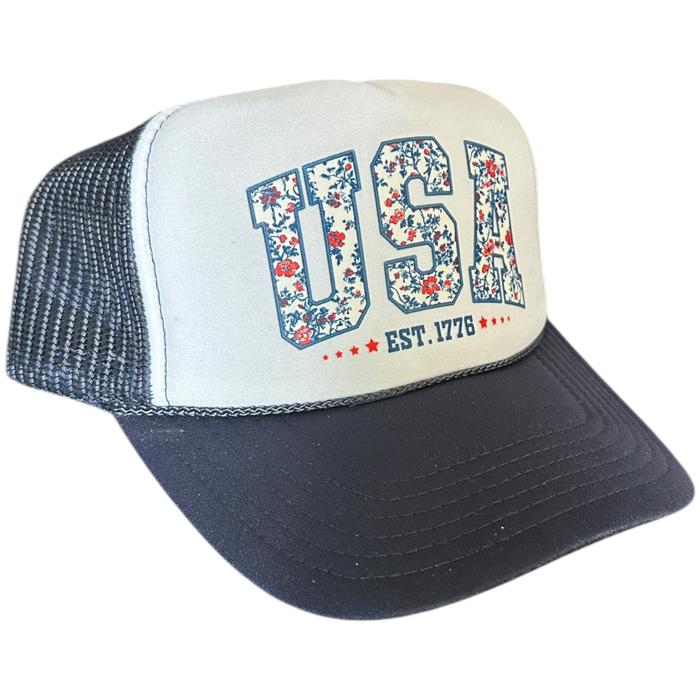 Americana Fourth of July Navy Trucker Hat, Faux Embroidery, USA