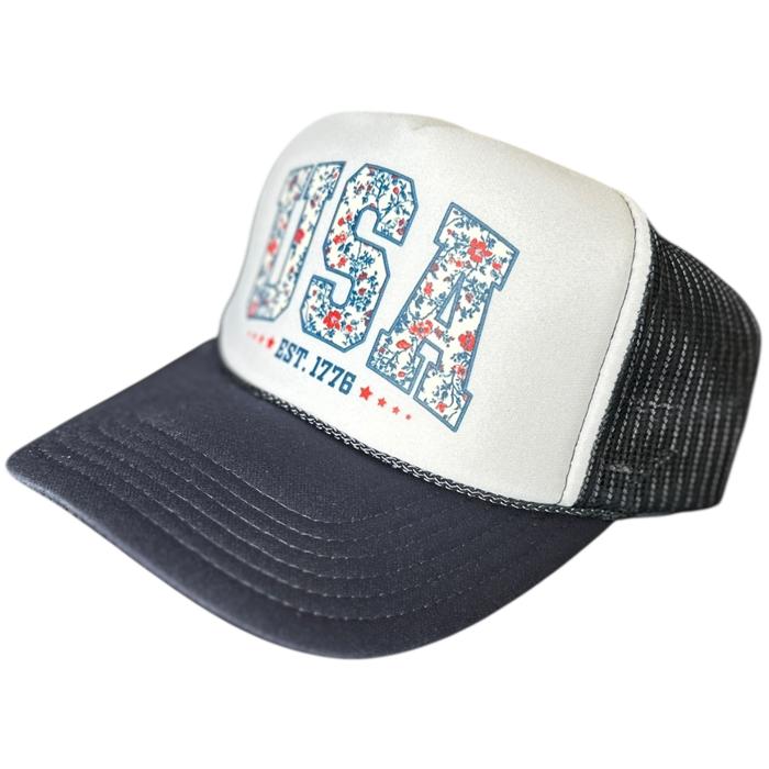 Americana Fourth of July Navy Trucker Hat, Faux Embroidery, USA