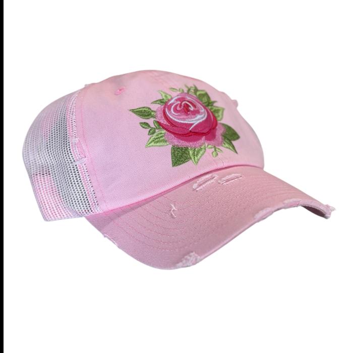 Pink Rose Faux Embroidery Trucker Hat