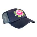 Blue Pink Rose Faux Embroidery Trucker Hat
