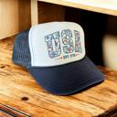  Americana Fourth of July Navy Trucker Hat, Faux Embroidery, USA