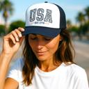  Americana Fourth of July Navy Trucker Hat, Faux Embroidery, USA
