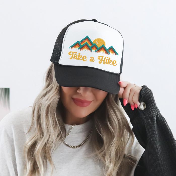 Take a Hike,  Mountain Graphic, Black and White Trucker Hat