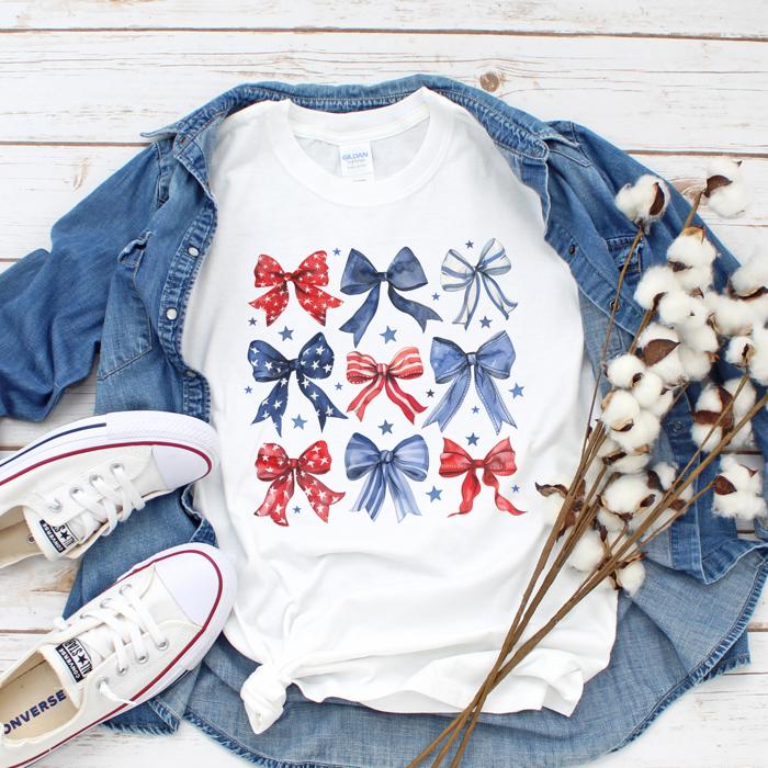 4th of July Bows White T-shirt, Patriotic Bows Graphic Tee