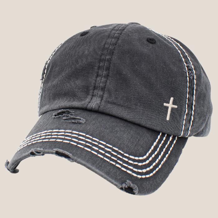 Mini Embroidered Cross Distressed Cap, Choose Hat Color